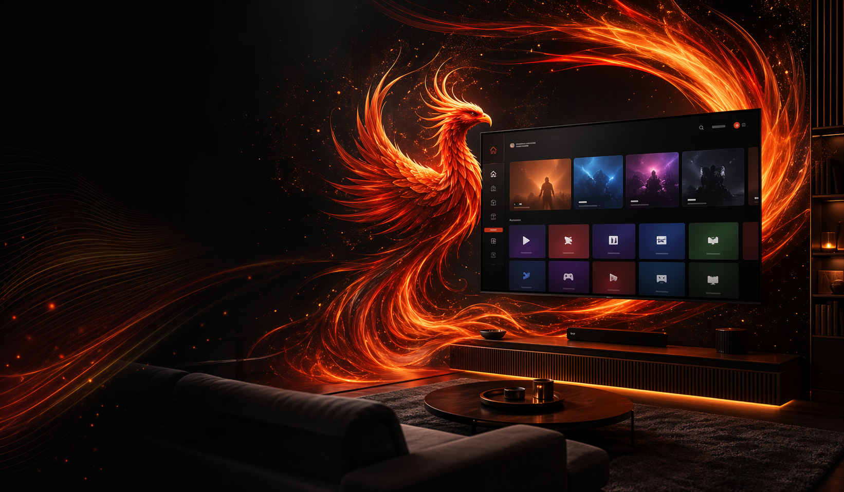 Wide hero banner with Fenix brand gradient, phoenix motif, and generic streaming interface tiles for marketing.