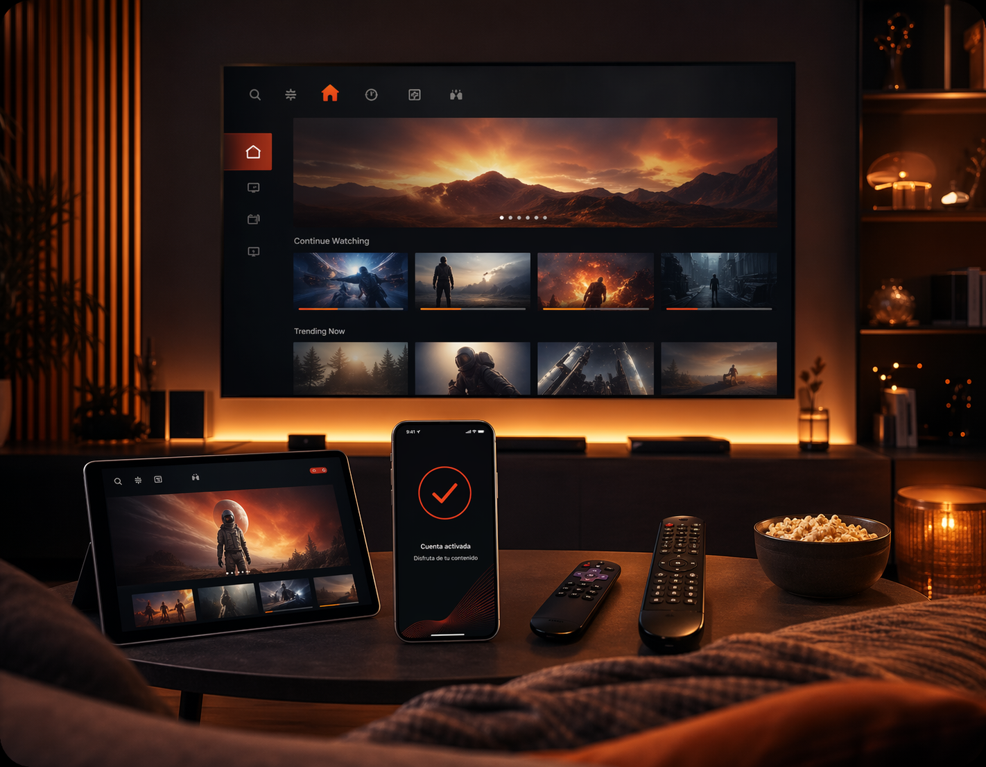 Collage of TV screens, mobile devices, and remotes suggesting premium streaming at home.