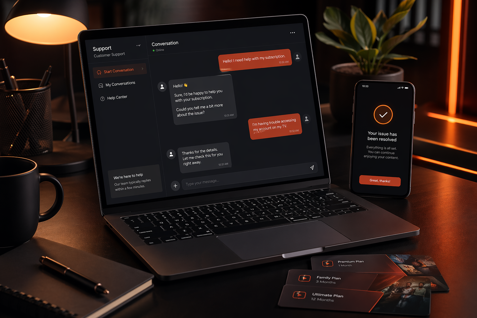 Customer support conversation shown on a laptop and phone in a premium desk setup.